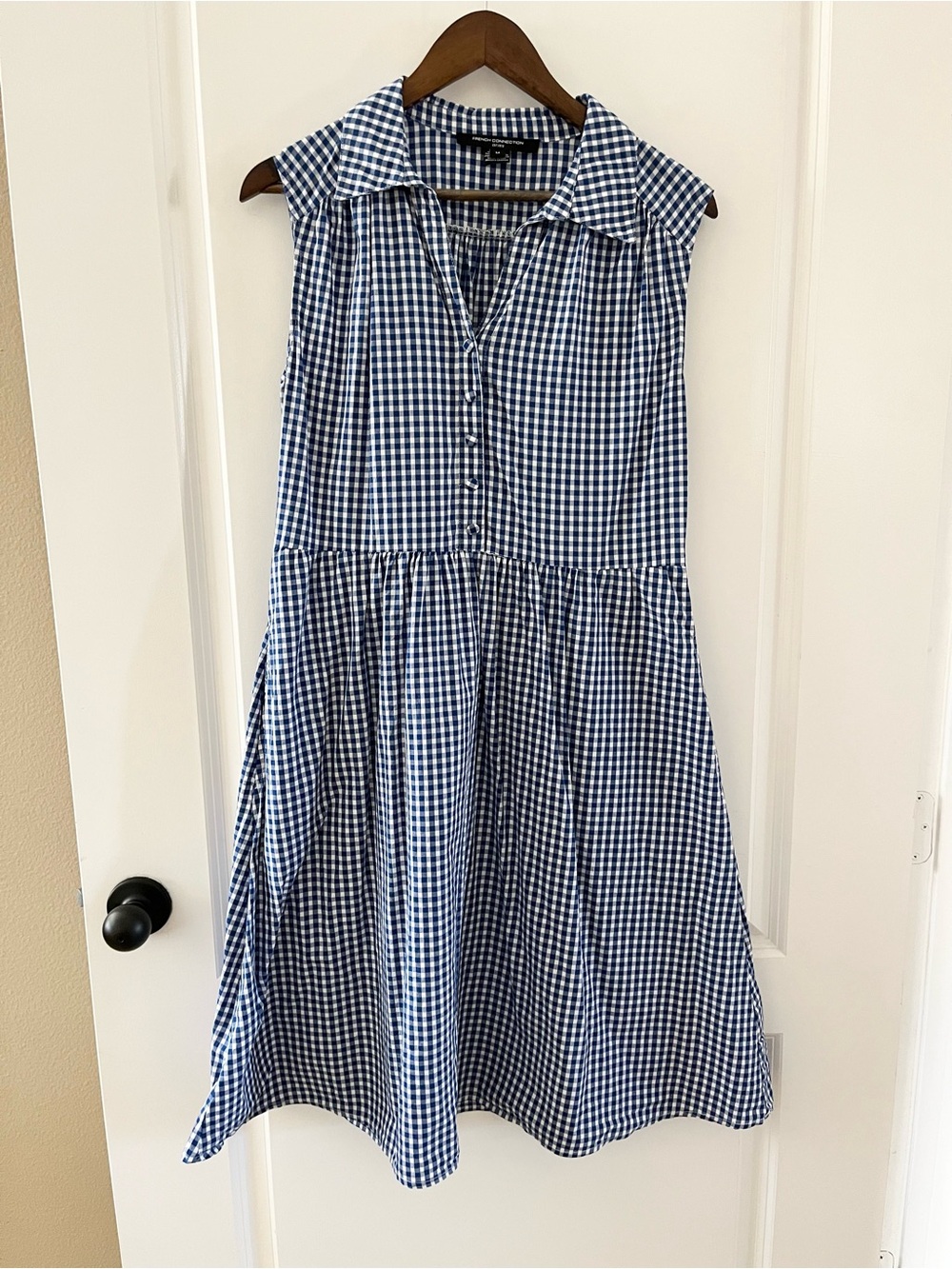 French Connection Blue Gingham Sleeveless Midi Dress